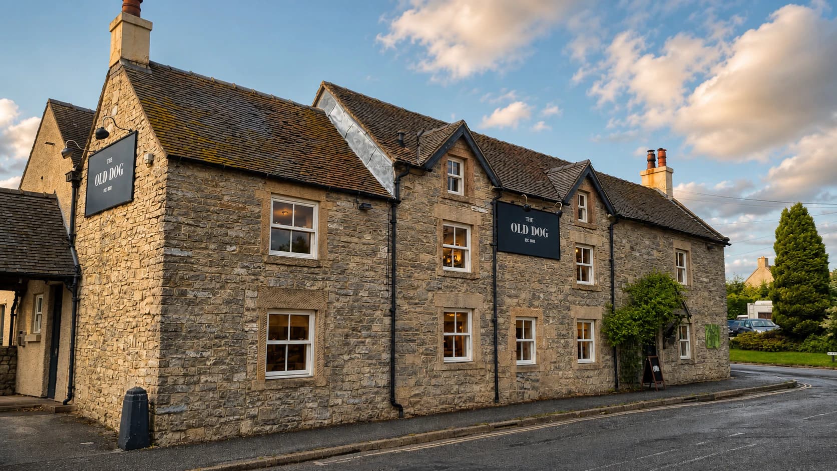 The Old Dog stone frontage in Thorpe, beside Dovedale